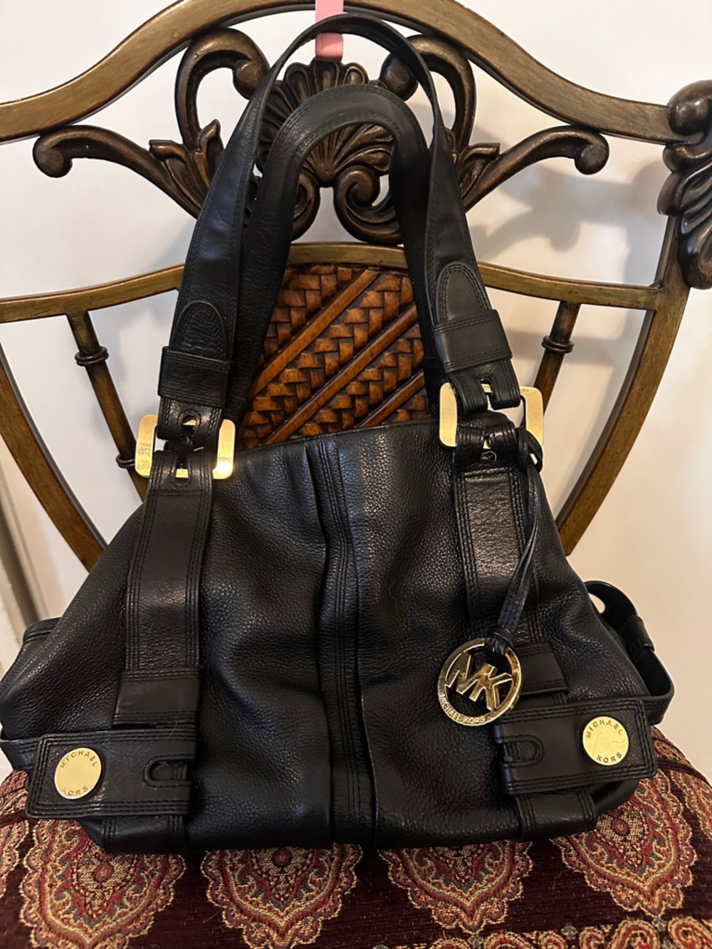 Michael Kors Black Leather Shoulder Bag with Gold Hardware and MK Charm